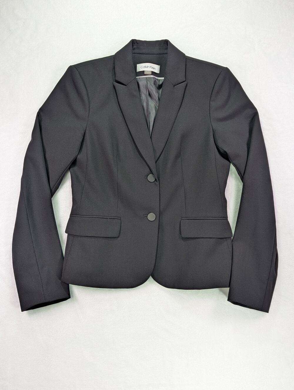 Calvin Klein Size 4 Black Blazer Jacket 2-Button Peak Collar Lined NWOT